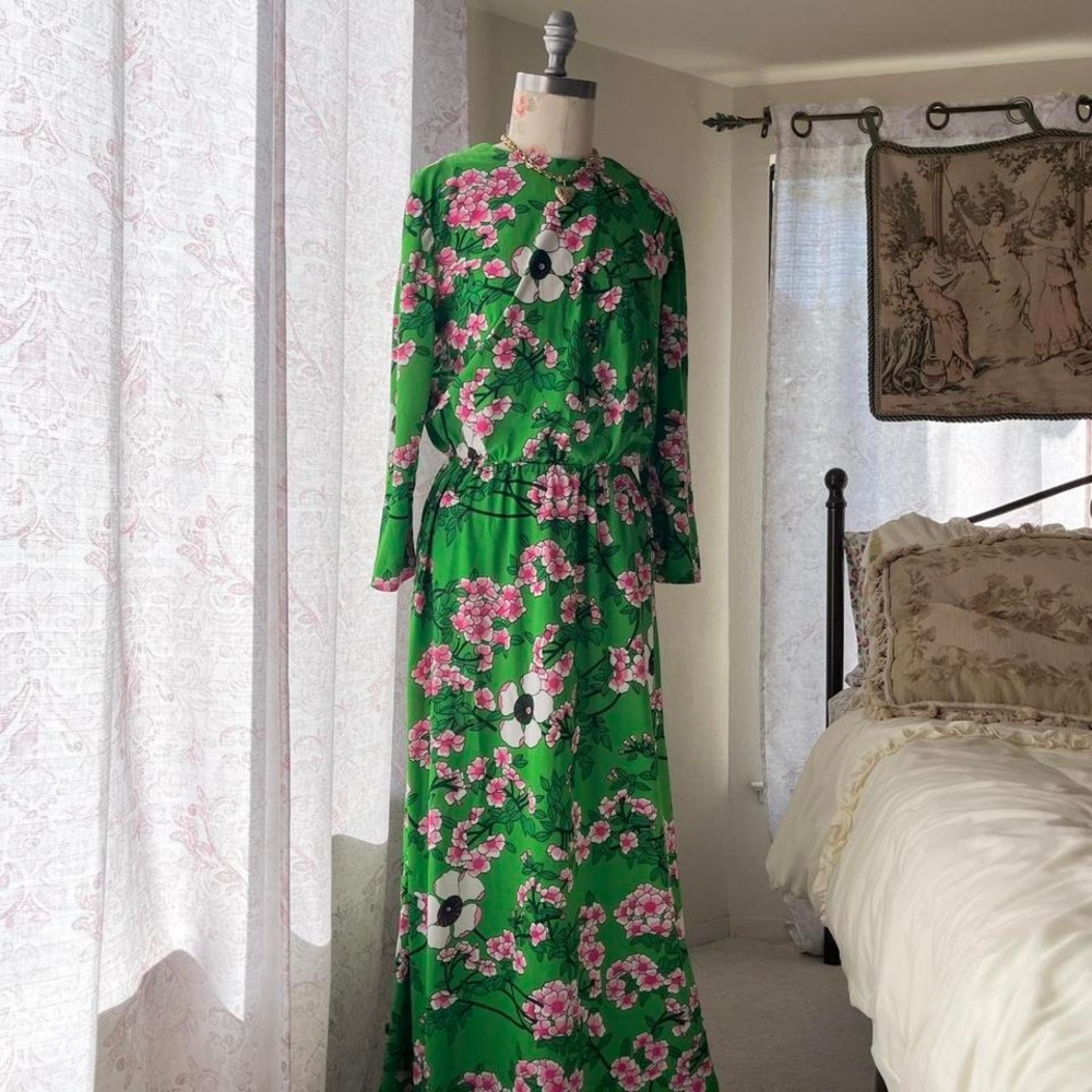 60s rare green floral‎ maxi dress